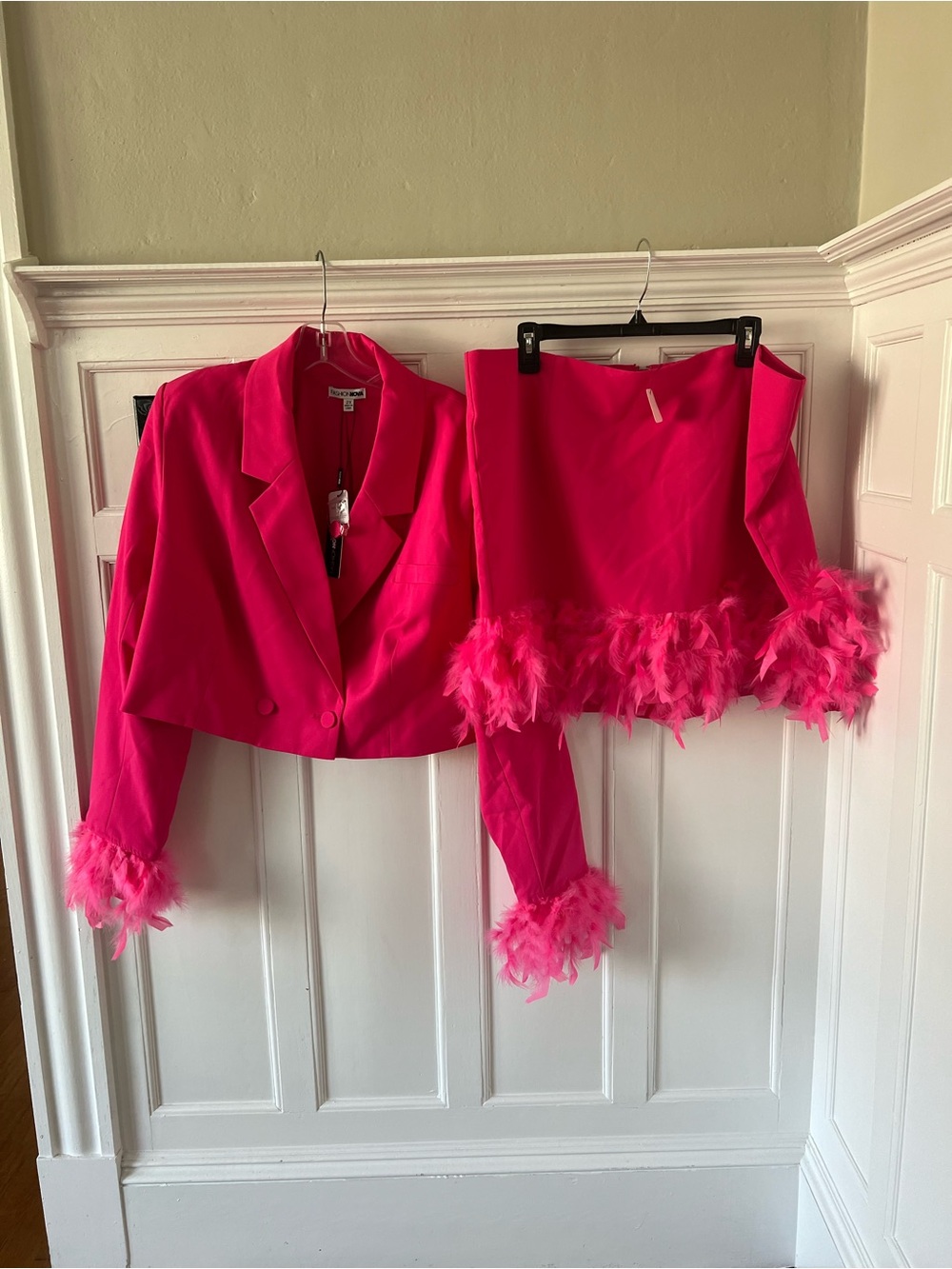 Fashion Nova Pink Feather Trim Blazer & Skirt Set